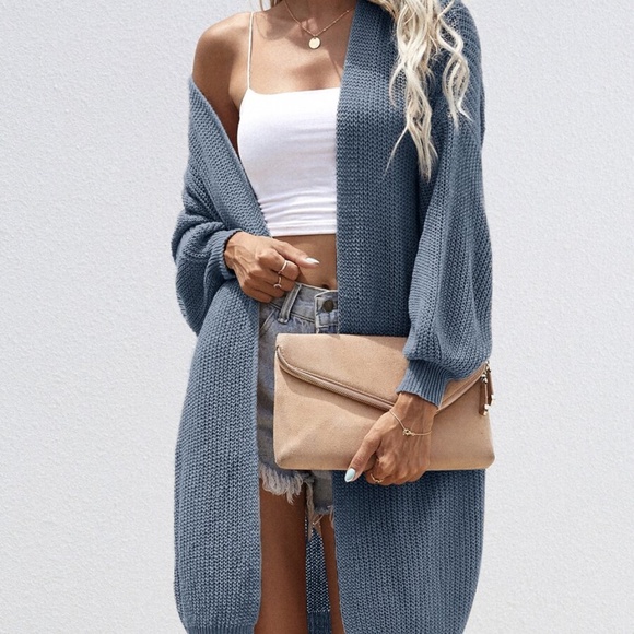 Dusty Blue Open Front Knit Oversized Cardigan - Picture 6 of 8